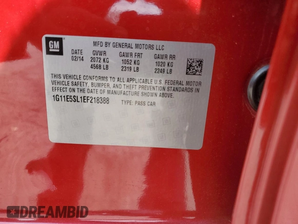 2014 Chevrolet Malibu LT with VIN 1G11E5SL1EF218388, listed as a Copart auction lot 55635195 with 70,800 mi miles and Salvage Title. Bid and sale history available at DreamBid. Image 12.