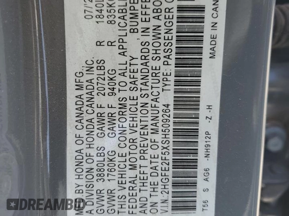 2025 Honda Civic Sport with VIN 2HGFE2F5XSH509264, listed as a Copart auction lot 53260775 with 17,169 mi miles and Salvage title. Bid and sale history available at DreamBid. Image 14.