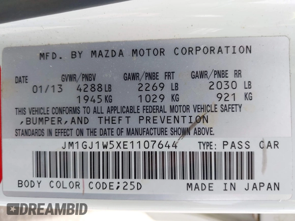 2014 Mazda 6 i Grand Touring with VIN JM1GJ1W5XE1107644, listed as a IAAI auction lot 42107937 with 78,998 mi miles. Bid and sale history available at carsss.com. Image 9.