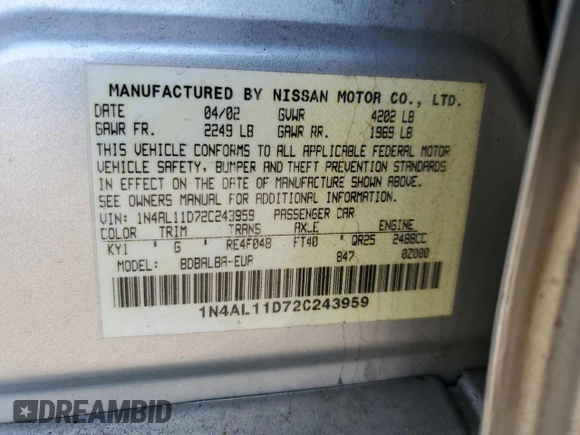 2002 Nissan Altima S with VIN 1N4AL11D72C243959, listed as a Copart auction lot 45747095 with 0 mi miles and Salvage Title. Bid and sale history available at carsss.com. Image 12.