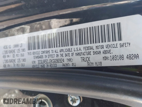 2019 Ram 2500 Big Horn with VIN 3C6UR5DJ2KG696924, listed as a IAAI auction lot 41644092 with 120,705 mi miles and . Bid and sale history available at DreamBid. Image 9.