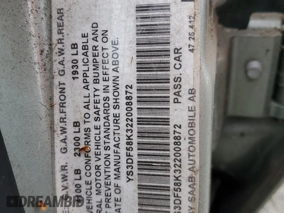 2002 Saab 9-3 z VIN YS3DF58K322008872, wystawiony jako Copart lot #47842625 z przebiegiem Nie podano mil oraz Tytuł czysty. Historia ofert i sprzedaży dostępna na DreamBid. Obrazek 12.