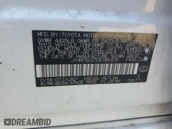 2013 Lexus IS 250 with VIN JTHBF5C27D5185429, listed as a Copart auction lot 43960165 with 153,616 mi miles and Salvage Title. Bid and sale history available at DreamBid. Image 13.