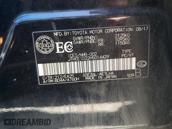 2017 Lexus IS 350 with VIN JTHCE1D22H5014429, listed as a Copart auction lot 59212324 with 78,267 mi miles and Salvage title. Bid and sale history available at DreamBid. Image 12.