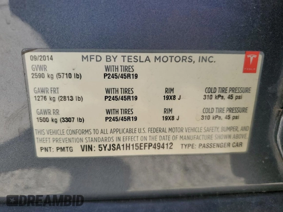 2014 Tesla Model S 60 с VIN 5YJSA1H15EFP49412, выставлен на аукционе Copart как лот 60476835 с пробегом 96 202 миль миль и Списание • Salvage title. История ставок и продаж доступна на DreamBid. Изображение 13.