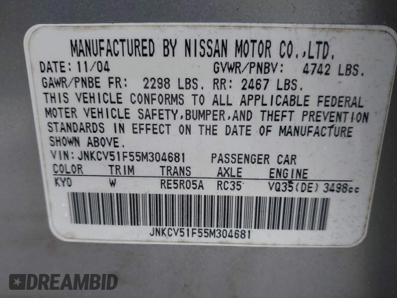 2005 Infiniti G35 with VIN JNKCV51F55M304681, listed as a IAAI auction lot 41970857 with Not Provided miles. Bid and sale history available at carsss.com. Image 9.