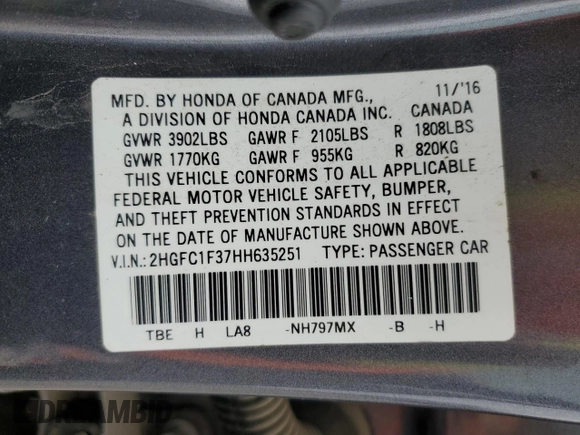 2017 Honda Civic Sedan EX-T with VIN 2HGFC1F37HH635251, listed as a Copart auction lot 52989145 with 127,679 mi miles and Clean Title. Bid and sale history available at carsss.com. Image 12.