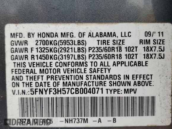 2012 Honda Pilot EX-L with VIN 5FNYF3H57CB004071, listed as a Copart auction lot 53209465 with 86,212 mi miles and Clean Title. Bid and sale history available at DreamBid. Image 13.