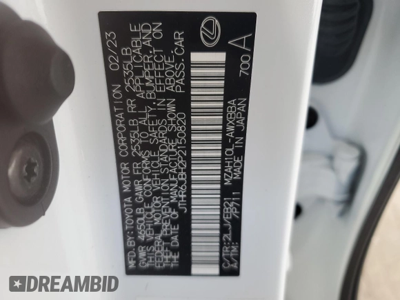 2023 Lexus UX 250h F Sport с VIN JTHR6JBH2P2150820, выставлен на аукционе Copart как лот 77956114 с пробегом 9 422 миль миль и Списание • Salvage title. История ставок и продаж доступна на DreamBid. Изображение 13.