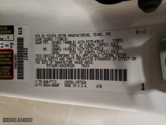 2013 Toyota Tundra 4WD Truck with VIN 5TFUW5F14DX290320, listed as a Copart auction lot 45356935 with 123,498 mi miles and Salvage Title. Bid and sale history available at carsss.com. Image 12.
