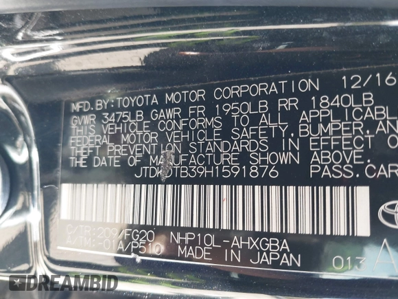 2017 Toyota Prius One z VIN JTDKDTB39H1591876, wystawiony jako IAAI lot #42086978 z przebiegiem 115 070 mil mil oraz . Historia ofert i sprzedaży dostępna na DreamBid. Obrazek 9.