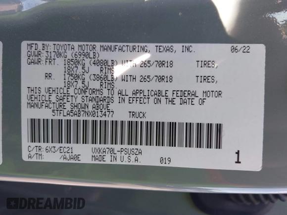 2022 Toyota Tundra SR5 with VIN 5TFLA5AB7NX013477, listed as a IAAI auction lot 42172272 with 30,460 mi miles and . Bid and sale history available at DreamBid. Image 9.