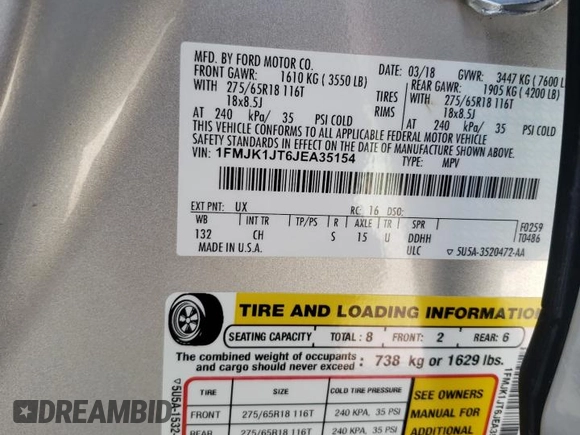 2018 Ford Expedition Max XLT z VIN 1FMJK1JT6JEA35154, wystawiony jako Copart lot #59544944 z przebiegiem Nie podano mil oraz Szkoda całkowita • Salvage title. Historia ofert i sprzedaży dostępna na DreamBid. Obrazek 15.