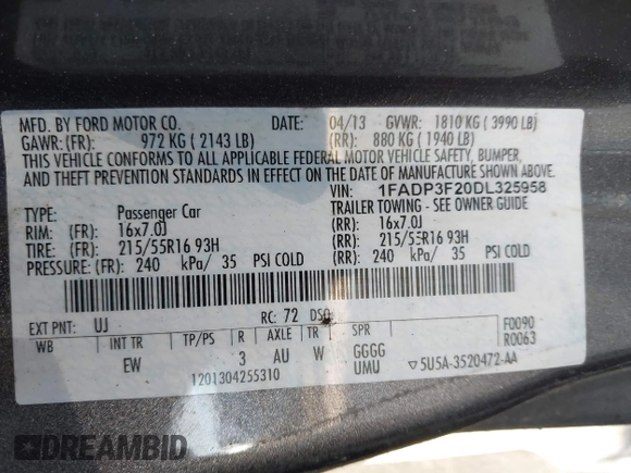 2013 Ford Focus SE with VIN 1FADP3F20DL325958, listed as a IAAI auction lot 41997500 with 195,793 mi miles. Bid and sale history available at carsss.com. Image 9.