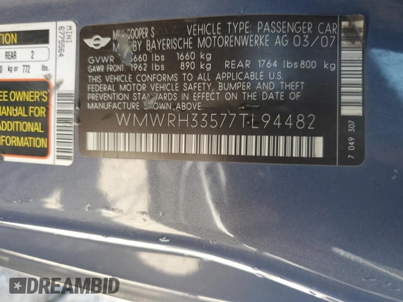 2007 MINI Convertible S z VIN WMWRH33577TL94482, wystawiony jako Copart lot #55502015 z przebiegiem 118 957 mil mil oraz Szkoda całkowita • Salvage title. Historia ofert i sprzedaży dostępna na DreamBid. Obrazek 12.