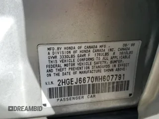 1998 Honda Civic LX with VIN 2HGEJ6670WH607791, listed as a Copart auction lot 72235594 with 205,571 mi miles and Salvage Title. Bid and sale history available at carsss.com. Image 12.
