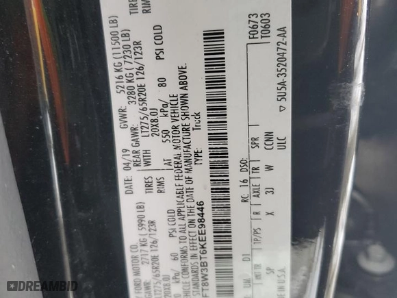 2019 Ford Super Duty F-350 SRW XL with VIN 1FT8W3BT6KEE98446, listed as a Copart auction lot 44822755 with 119,855 mi miles and Salvage Title. Bid and sale history available at carsss.com. Image 14.