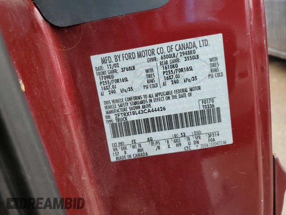 2003 Ford F-150 XL with VIN 2FTRX18L43CA44426, listed as a Copart auction lot 43446855 with 169,493 mi miles and Salvage Title. Bid and sale history available at carsss.com. Image 14.