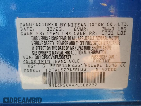 2023 Nissan Kicks SV with VIN 3N1CP5CV4PL508727, listed as a Copart auction lot 54176375 with 22,333 mi miles and Salvage Title. Bid and sale history available at DreamBid. Image 13.