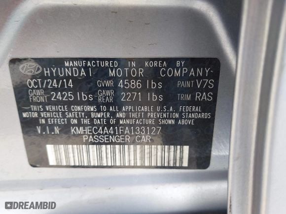 2015 Hyundai Sonata Hybrid Limited with VIN KMHEC4A41FA133127, listed as a IAAI auction lot 41759254 with 70,124 mi miles. Bid and sale history available at carsss.com. Image 9.