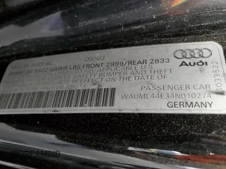 2004 Audi A8 с VIN WAUML44E34N010274, выставлен на аукционе Copart как лот 57658765 с пробегом 122 652 миль миль и Чистый • Clean title. История ставок и продаж доступна на DreamBid. Изображение 12.