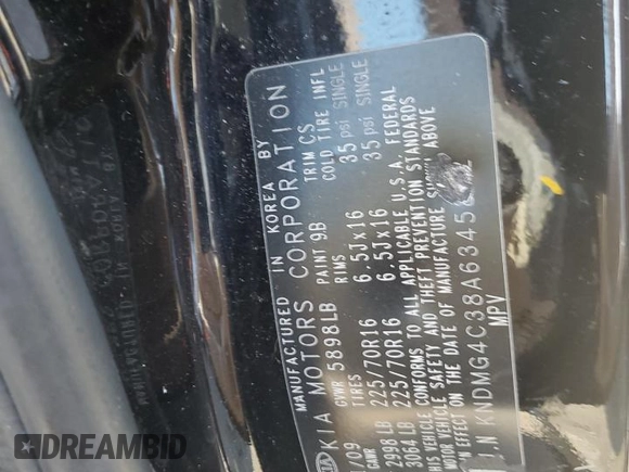 2010 Kia Sedona LX with VIN KNDMG4C38A6345852, listed as a Copart auction lot 68985594 with 146,469 mi miles and Salvage Title. Bid and sale history available at carsss.com. Image 13.