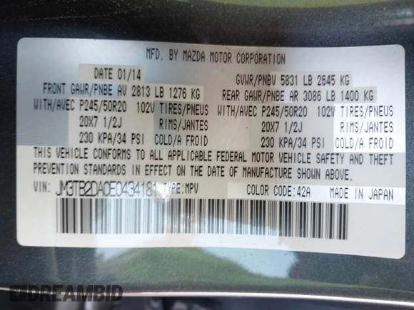 2014 Mazda CX-9 Grand Touring z VIN JM3TB2DA0E0434181, wystawiony jako IAAI lot #42295436 z przebiegiem 78 372 mil mil oraz . Historia ofert i sprzedaży dostępna na DreamBid. Obrazek 9.