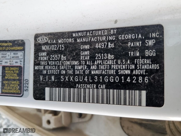 2016 Kia Optima EX with VIN 5XXGU4L31GG014286, listed as a Copart auction lot 77652274 with 126,885 mi miles and Salvage Title. Bid and sale history available at carsss.com. Image 12.