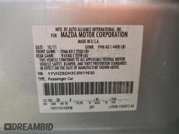 2012 Mazda 6 i Touring with VIN 1YVHZ8DH3C5M11630, listed as a Copart auction lot 59690915 with 160,757 mi miles and Salvage title. Bid and sale history available at DreamBid. Image 12.