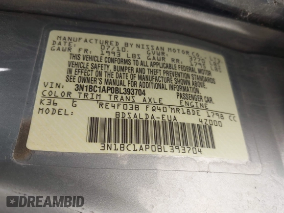 2011 Nissan Versa S with VIN 3N1BC1AP0BL393704, listed as a IAAI auction lot 42334003 with 164,394 mi miles and . Bid and sale history available at DreamBid. Image 9.