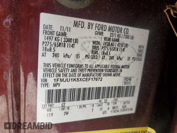 2012 Ford Expedition Limited with VIN 1FMJU1K5XCEF17672, listed as a Copart auction lot 86568064 with 168,222 mi miles and Salvage title. Bid and sale history available at DreamBid. Image 13.