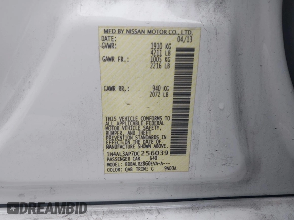 2013 Nissan Altima 2.5 S with VIN 1N4AL3AP7DC256039, listed as a IAAI auction lot 42075241 with 216,625 mi miles and . Bid and sale history available at carsss.com. Image 9.