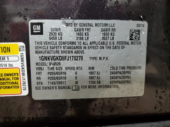 2015 Chevrolet Traverse LT with VIN 1GNKVGKD8FJ170278, listed as a Copart auction lot 57712515 with 61,529 mi miles and Non repairable. Bid and sale history available at DreamBid. Image 13.