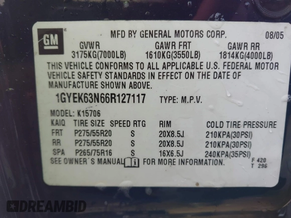 2006 Cadillac Escalade z VIN 1GYEK63N66R127117, wystawiony jako IAAI lot #41570716 z przebiegiem 126 637 mil mil oraz . Historia ofert i sprzedaży dostępna na DreamBid. Obrazek 9.