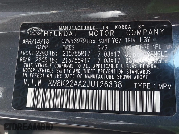 2018 Hyundai Kona SEL with VIN KM8K22AA2JU126338, listed as a IAAI auction lot 41539801 with 58,942 mi miles. Bid and sale history available at carsss.com. Image 9.