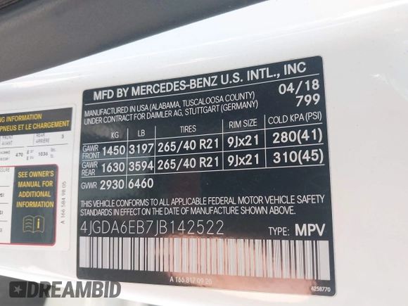 2018 Mercedes-Benz GLE 43 AMG with VIN 4JGDA6EB7JB142522, listed as a IAAI auction lot 41950295 with 108,637 mi miles and . Bid and sale history available at DreamBid. Image 9.