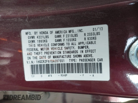 2013 Honda Accord EX-L with VIN 1HGCR2F87DA097551, listed as a IAAI auction lot 42236432 with 185,998 mi miles and . Bid and sale history available at DreamBid. Image 9.