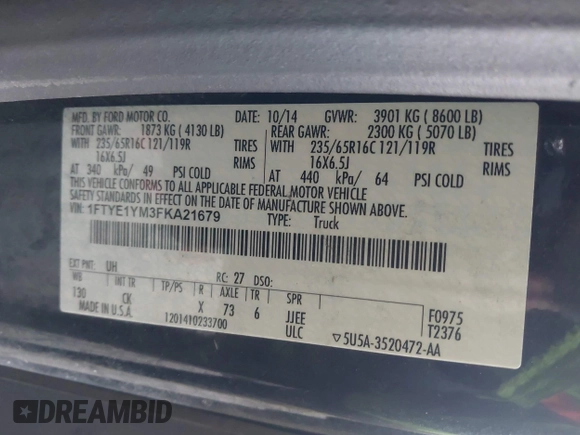 2015 Ford Transit Cargo with VIN 1FTYE1YM3FKA21679, listed as a IAAI auction lot 41900709 with 179,757 mi miles. Bid and sale history available at carsss.com. Image 9.