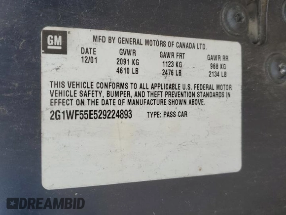 2002 Chevrolet Impala z VIN 2G1WF55E529224893, wystawiony jako Copart lot #80500034 z przebiegiem Nie podano mil oraz Szkoda całkowita • Salvage title. Historia ofert i sprzedaży dostępna na DreamBid. Obrazek 14.