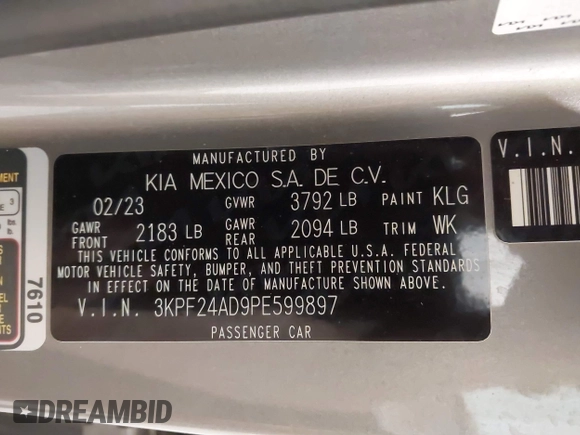 2023 Kia Forte LXS with VIN 3KPF24AD9PE599897, listed as a IAAI auction lot 41966013 with 45,823 mi miles and . Bid and sale history available at DreamBid. Image 9.