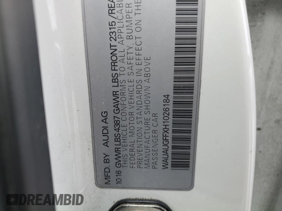 2017 Audi A3 Premium with VIN WAUAUGFFXH1026184, listed as a Copart auction lot 56656595 with 102,126 mi miles and Salvage title. Bid and sale history available at DreamBid. Image 12.