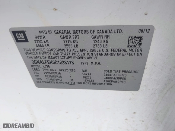 2012 Chevrolet Equinox LTZ with VIN 2GNALFEK0C1338118, listed as a IAAI auction lot 41661314 with 236,978 mi miles. Bid and sale history available at carsss.com. Image 9.