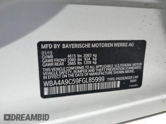 2015 BMW 4 Series 428i with VIN WBA4A9C59FGL85999, listed as a Copart auction lot 56275455 with 105,961 mi miles and Salvage title. Bid and sale history available at DreamBid. Image 12.