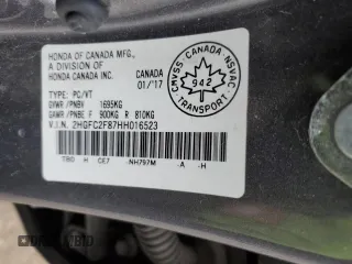 2017 Honda Civic EX with VIN 2HGFC2F87HH016523, listed as a Copart auction lot 53541115 with 156,221 mi miles and Salvage Title. Bid and sale history available at DreamBid. Image 12.