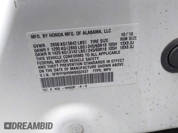 2019 Honda Pilot EX-L with VIN 5FNYF6H59KB032437, listed as a IAAI auction lot 41716318 with 103,556 mi miles. Bid and sale history available at carsss.com. Image 9.