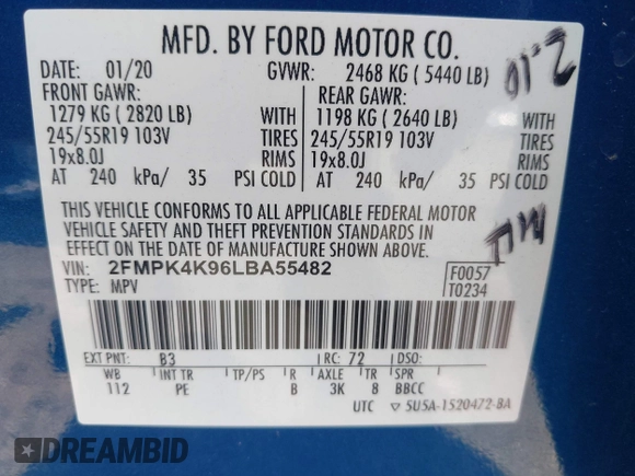 2020 Ford Edge Titanium with VIN 2FMPK4K96LBA55482, listed as a IAAI auction lot 42557716 with 61,509 mi miles and . Bid and sale history available at DreamBid. Image 9.