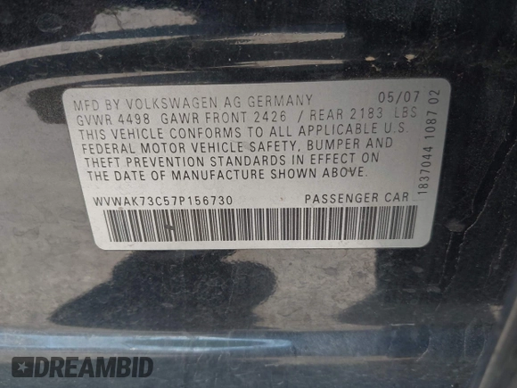 2007 Volkswagen Passat Wolfsburg Edition with VIN WVWAK73C57P156730, listed as a IAAI auction lot 42022370 with 129,504 mi miles and . Bid and sale history available at DreamBid. Image 9.