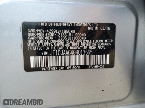 2016 Subaru Impreza с VIN JF1GJAA64GH013565, выставлен на аукционе Copart как лот 56502065 с пробегом 81 794 миль миль и Списание • Salvage title. История ставок и продаж доступна на DreamBid. Изображение 12.