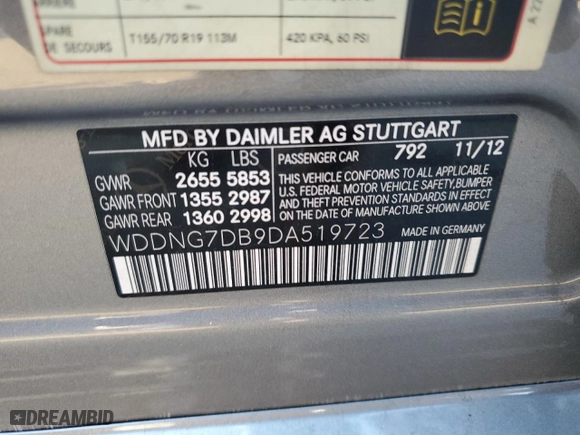2013 Mercedes-Benz S-Class S 550 with VIN WDDNG7DB9DA519723, listed as a Copart auction lot 45990435 with 143,656 mi miles and Salvage Title. Bid and sale history available at carsss.com. Image 12.