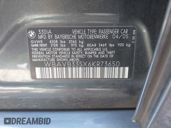 2006 BMW 3 Series 330i with VIN WBAVB335X6KR73650, listed as a IAAI auction lot 42407095 with 140,816 mi miles and . Bid and sale history available at DreamBid. Image 9.
